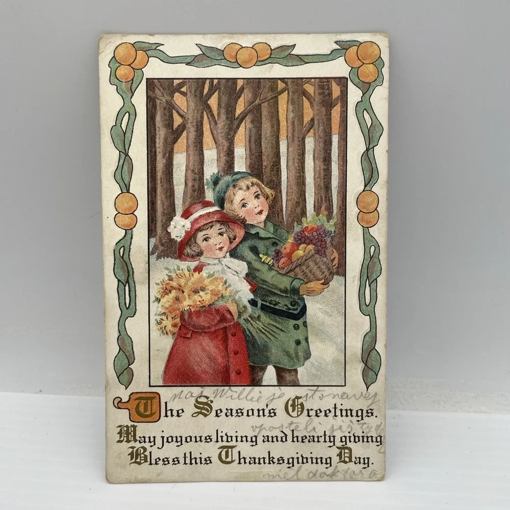 Thanksgiving Little Boy and Girl in Woods Fruit Border c1910 Vintage‎ Postcard